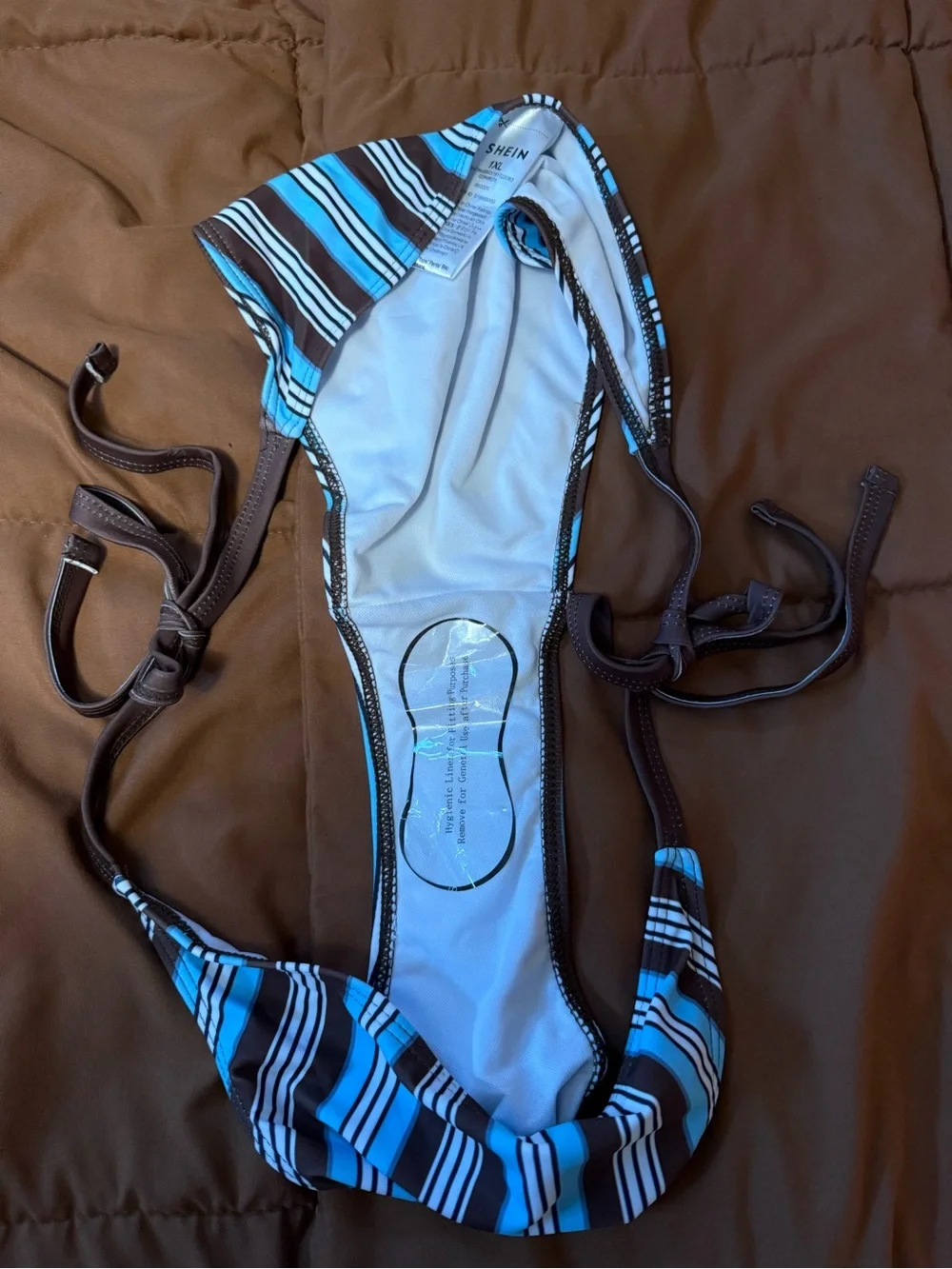 SHEIN blue, brown, and white vertically striped tie bikini bottoms Size 1XL